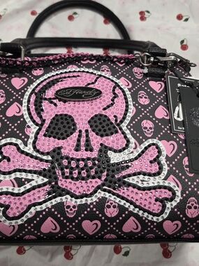 Ed Hardy Pink & Black Skull Crossbones Satchel